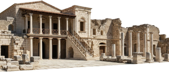 Ancient stone ruins showcasing classical architecture with columns a prominent two story facade exterior stairs and scattered building blocks on a sunlit courtyard Historic Archaeological