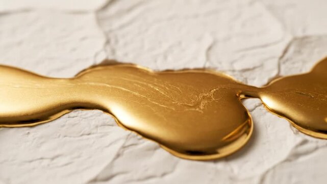 A captivating close-up captures the mesmerizing flow of a shimmering, viscous golden liquid slowly spreading and pooling across a highly textured, rough, off-white surface. The metallic substance glis