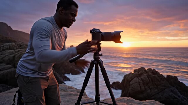 Man setting up camera on tripod by ocean
