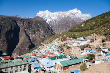 Namche Bazar town view with Kongde Ri peak in the background, Nepal