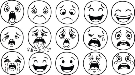 Hand drawn dissatisfied sad faces, smiles vector set isolated on white background illustration