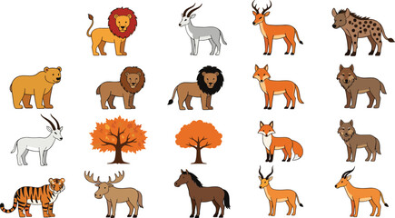 Flat vector wildlife animal illustration set with lions deer fox wolves bears trees and safari nature icons © Sumon Creative
