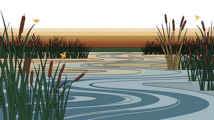 Serene wetland landscape with winding waterway and cattails at sunset