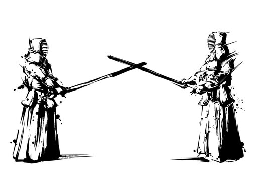 Kendo Match &ndash; Japanese Bamboo Sword Duel Illustration