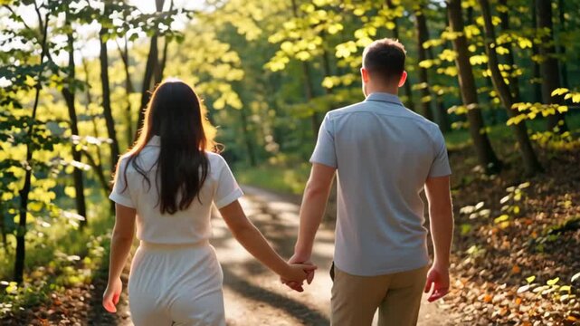 A couple walking hand in hand down a sunlit forest path surrounded by lush green trees