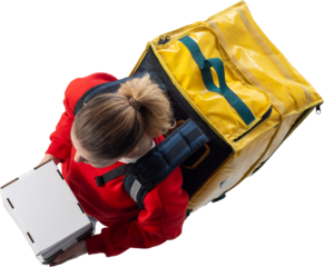 Food delivery courier carrying thermal backpack and boxes on transparent background. Concept of last mile food delivery, online ordering services, courier logistics and takeaway distribution.