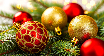 Obraz premium Festive Christmas Ornaments and Fir Branches with Bokeh Lights