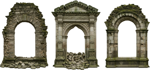 Three distinct stone archway ruins one carved and ornate another simple stacked masonry the third with mossy trim all featuring dark empty openings and scattered base debris Architecture