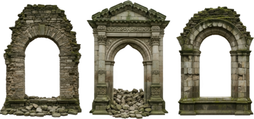 Three distinct stone archway ruins one carved and ornate another simple stacked masonry the third with mossy trim all featuring dark empty openings and scattered base debris Architecture