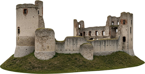 Ancient crumbling stone castle ruins with rounded towers perched atop a grassy mound against a dark void background Architecture Medieval Historic Structure Fortress Wall Ruined Exterior