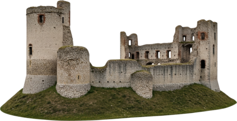 Ancient crumbling stone castle ruins with rounded towers perched atop a grassy mound against a dark void background Architecture Medieval Historic Structure Fortress Wall Ruined Exterior