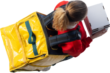 Food delivery worker holding stacked boxes with insulated backpack on transparent background. Concept of takeaway services, restaurant delivery workflow, online food platforms and courier operations.