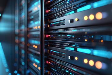 Naklejka premium Modern IT data center server racks with illuminated status lights and high density computing hardware, perfect for enterprise infrastructure and digital technology