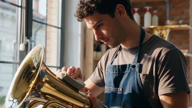 A skilled craftsman carefully polishing a brass musical instrument in a well-lit workshop, with soft sunlight streaming through large windows