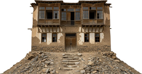Weathered traditional two story earthen house featuring wooden balconies small windows and a stone foundation situated atop a rubble strewn hill with rough stone steps leading to the main door
