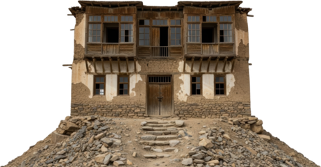 Weathered traditional two story earthen house featuring wooden balconies small windows and a stone foundation situated atop a rubble strewn hill with rough stone steps leading to the main door