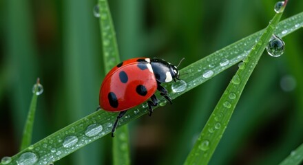 Vibrant red insect rests upon dewy green blade of grass in close up