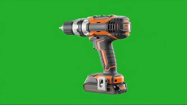 Orange and black cordless power drill, an essential tool for DIY and construction, isolated on a green background.