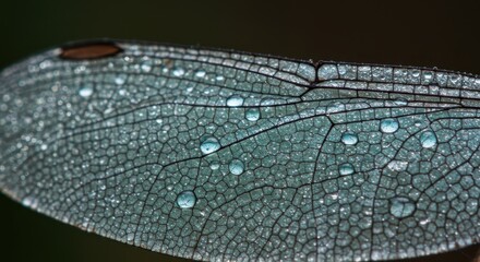 Intricate network of fine veins covers an insect wing glistening with numerous small water droplets