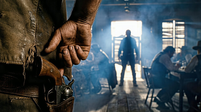 Cowboy Holding Hand Near Holstered Revolver Inside Western Saloon