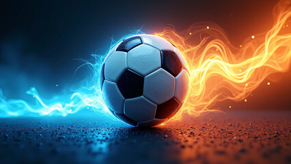 Naklejka premium A soccer ball blazes with blue and orange flame trails—evoking motion, rivalry, and electrifying intensity. 