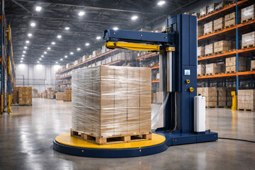 Industrial packaging machine for pallet wrapping in a modern logistics center warehouse