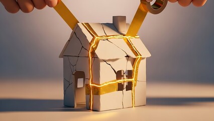 Cracked house wrapped with duct tape and bound by glowing tape