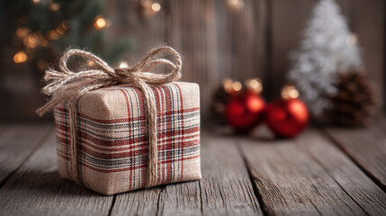 Rustic Christmas Gift Box on Wooden Table