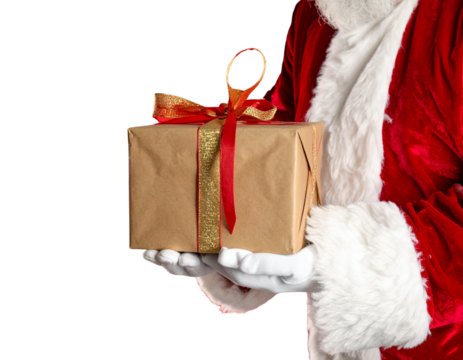 Santa Claus hand holding a Christmas present on a red background - Powered by Adobe