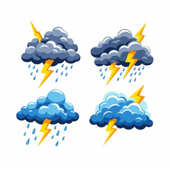 Collection of stylized cartoon-like weather icons depicting different stormy conditions with lightning strikes and rain against a white background, illustrating meteorological phenomena
