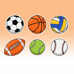 Dynamic collection of diverse sports balls, including soccer, basketball, volleyball, football, tennis, and baseball, vibrantly illustrated for various athletic activities and competitive games