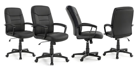 Black adjustable office chair showcased from various angles on a clean white background