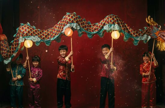 Smooth Lateral Tracking Shot Of Joyful Children Performing A Vibrant Chinese New Year Dragon Dance, The Dragon Costume Rippling And Undulating In Waves As They Lift And Dip The Poles