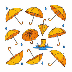 A charming collection of bright yellow umbrellas, showcasing open and folded designs, alongside cheerful rain boots splashing in puddles, capturing the essence of a playful rainy season