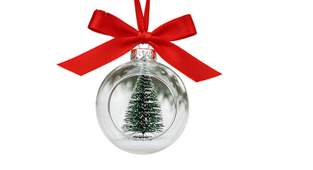 A festive red ribbon and glass ornament featuring a winter scene on transparent background.