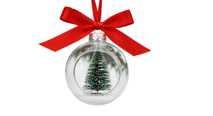 A festive red ribbon and glass ornament featuring a winter scene on transparent background.