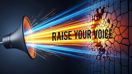 Vibrant megaphone breaking through shattered glass with Raise Your Voice
