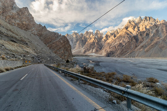 Karakoram highway under Passu (Cathedral) cones, Gilgit-Baltistan region of Pakistan