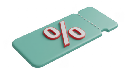 Teal discount ticket with percent sign coupon sale isolated on a transparent background