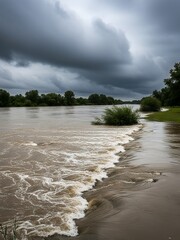 A flooded riverbank with turbulent brown water and a dark cloudy sky.