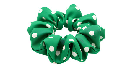 A vibrant green scrunchie with white polka dots presented beautifully on transparent background.