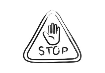 Señal de advertencia triangular con mano y texto stop en trazo de carboncillo © Gabrieuskal