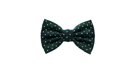 Elegant dark green bow tie with white polka dots isolated on transparent background.