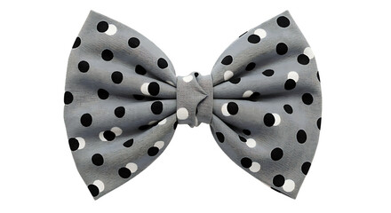 Stylish gray bow tie with black and white polka dots on transparent background.