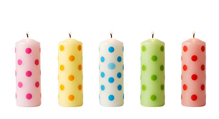 Five colorful polka dot candles arranged in a row on transparent background.