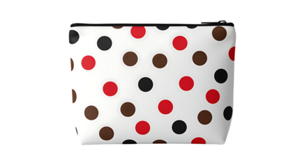 A white pouch with red black and brown polka dots isolated on transparent background.