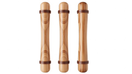 Three wooden nunchucks with brown leather straps martial arts self-defense isolated on a transparent background