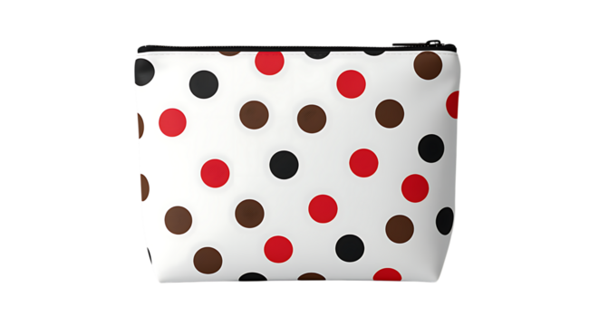 A white pouch with red black and brown polka dots isolated on transparent background. - Powered by Adobe