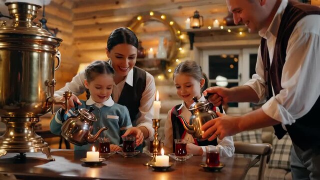 Family engaged in tea-making tradition around a wooden table adorned with candles, showcasing warmth and joy in a cozy, rustic setting