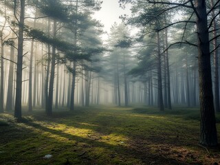 A misty forest with tall trees and sunlight filtering through the fog onto a grassy clearing.